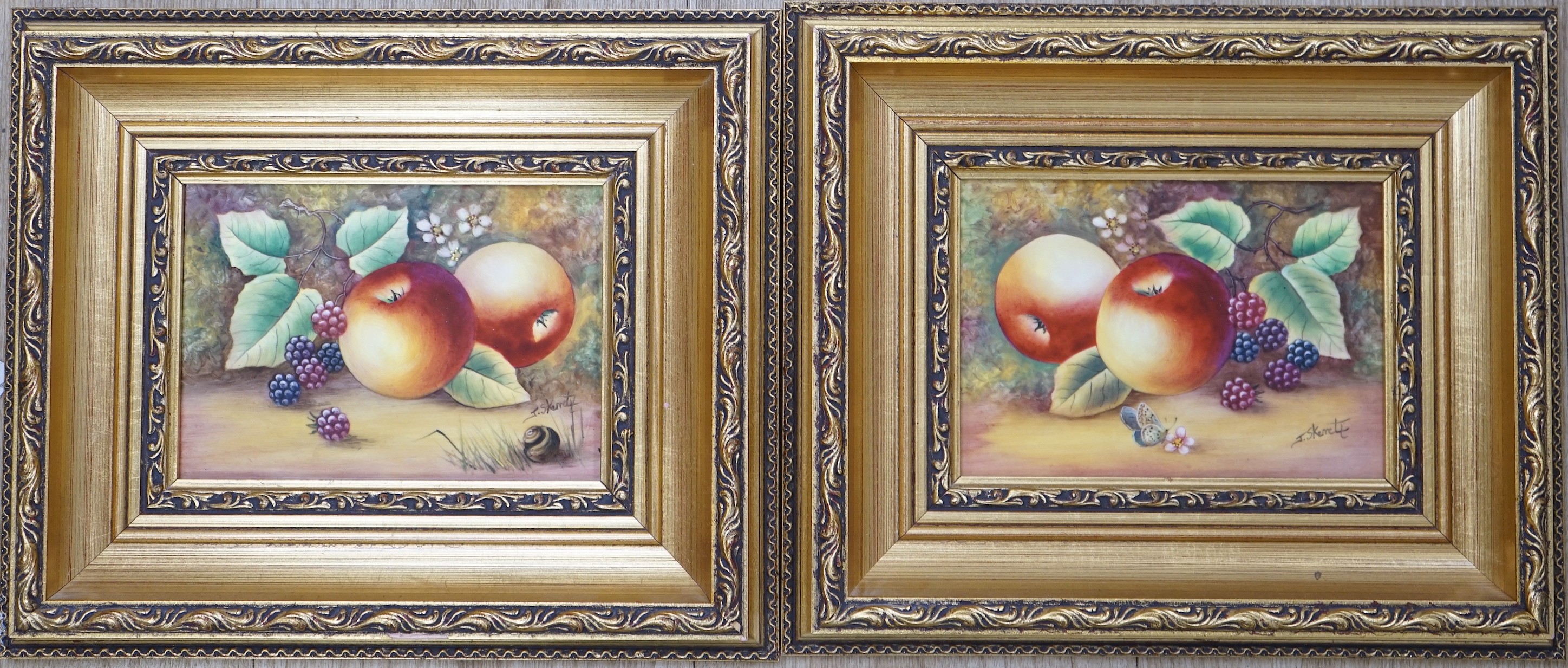 James Skerrett (Royal Worcester artist), pair of hand painted porcelain plaques, Still lifes of fruit, signed, 12 x 17cm